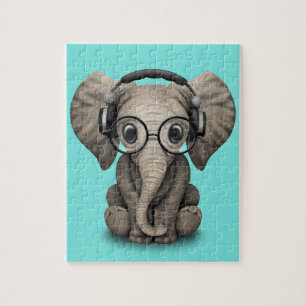 Cute Baby Elephant Dj Wearing Headphones and Glass Jigsaw Puzzle