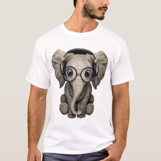 Cute Baby Elephant Dj Wearing Headphones and Glass T-Shirt