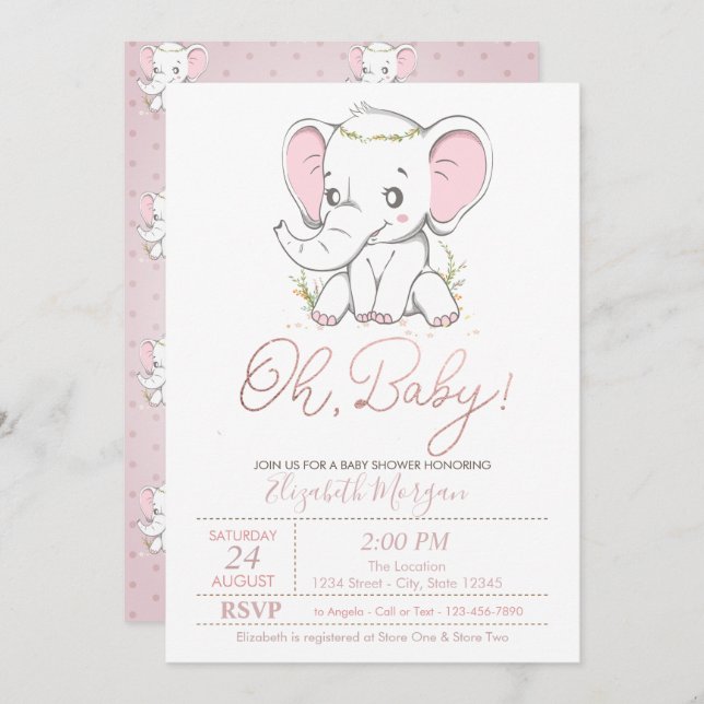 Cute Baby Elephant Dots Baby Shower Invitation (Front/Back)