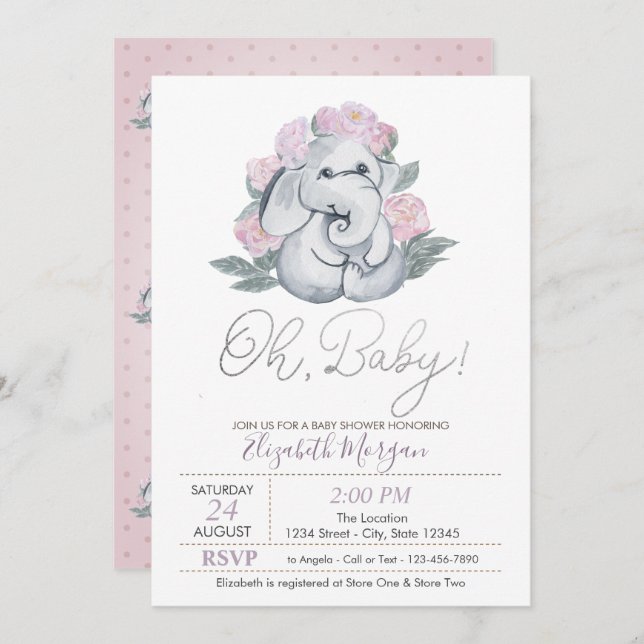 Cute Baby Elephant Dots Floral  Baby Shower Invitation (Front/Back)