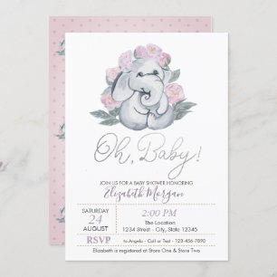 Cute Baby Elephant Dots Floral Baby Shower Invitation