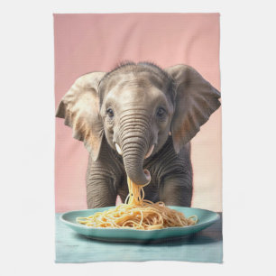 Cute Baby Elephant Eating Spaghetti Tea Towel