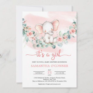 Cute baby elephant eucalyptus wreath it's a girl invitation