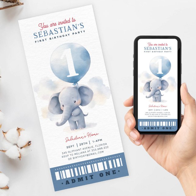 Cute baby elephant First Birthday Ticket Invitation (Creator Uploaded)