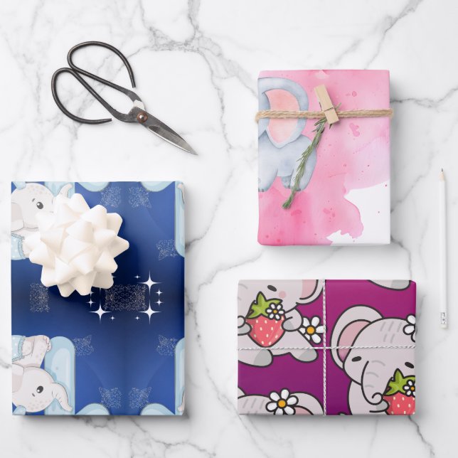Cute Baby Elephant First Birthday Wrapping Paper Sheet (Front)
