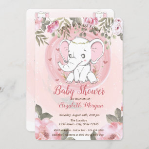 Cute Baby Elephant,Floral Baby Shower Invitation