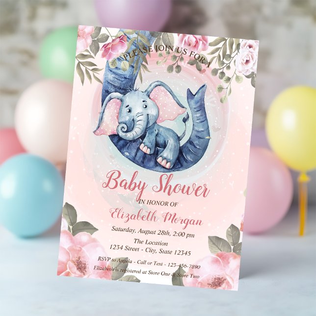 Cute Baby Elephant Floral Pink Dots Baby Shower Invitation (Creator Uploaded)