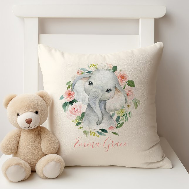Cute Baby Elephant Floral with Child's Name Cushion (Creator Uploaded)