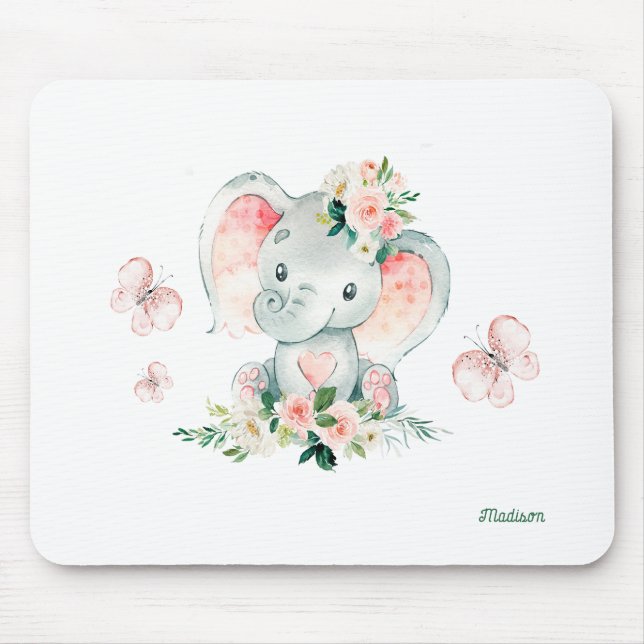 Cute baby elephant flowers and butterflies mouse pad (Front)