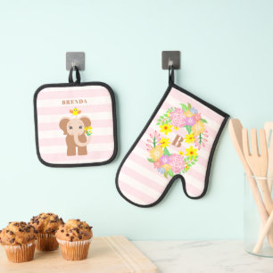 Cute Baby Elephant Flowers Monogram Kids Oven Mitt & Pot Holder Set