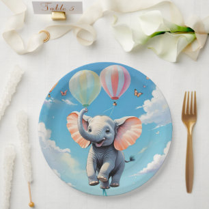 Cute Baby Elephant Flying With Hot Air Balloons Paper Plate