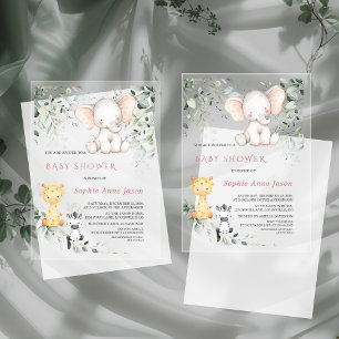 Cute Baby Elephant Friends Safari Girl Baby Shower Acrylic Invitations