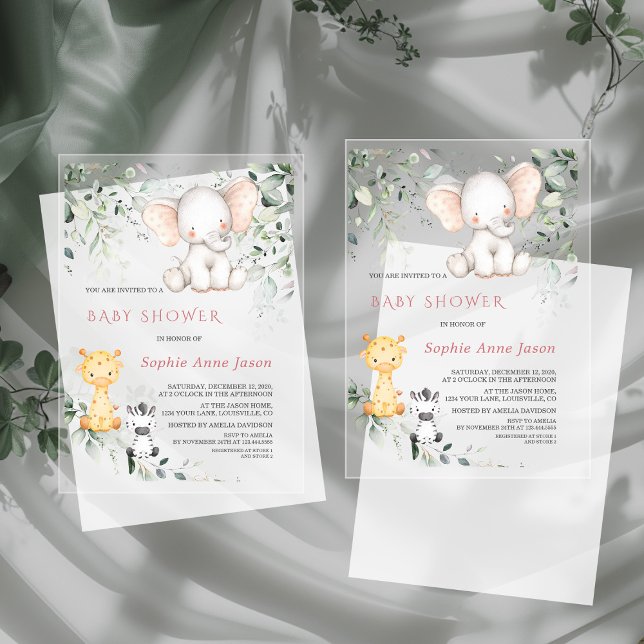 Cute Baby Elephant Friends Safari Girl Baby Shower Acrylic Invitations (Creator Uploaded)