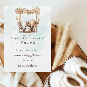 Cute Baby Elephant Gender Neutral Twin Baby Shower Invitation