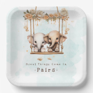 Cute Baby Elephant Gender Neutral Twin Baby Shower Paper Plate