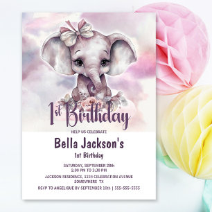 Cute Baby Elephant Girl 1st Birthday Party Invitation