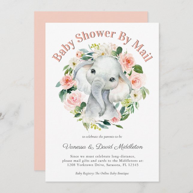 Cute Baby Elephant Girl Baby Shower by Mail Invitation (Front/Back)