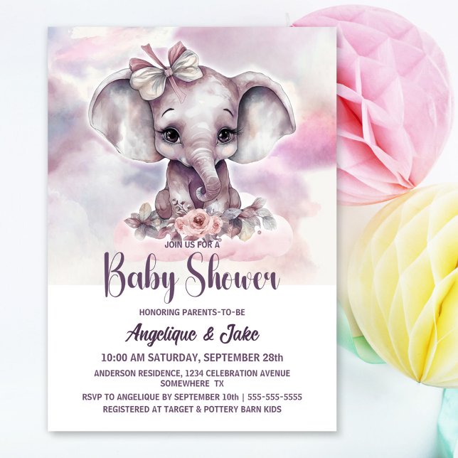 Cute Baby Elephant Girl Baby Shower Invitation (Creator Uploaded)