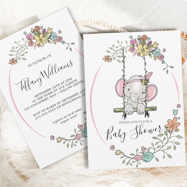 Cute Baby Elephant Girl Floral Swing Baby Shower Invitation (Creator Uploaded)