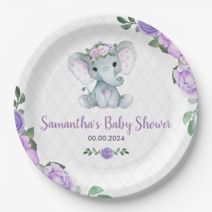 Cute Baby Elephant Girl Purple Floral Paper Plates