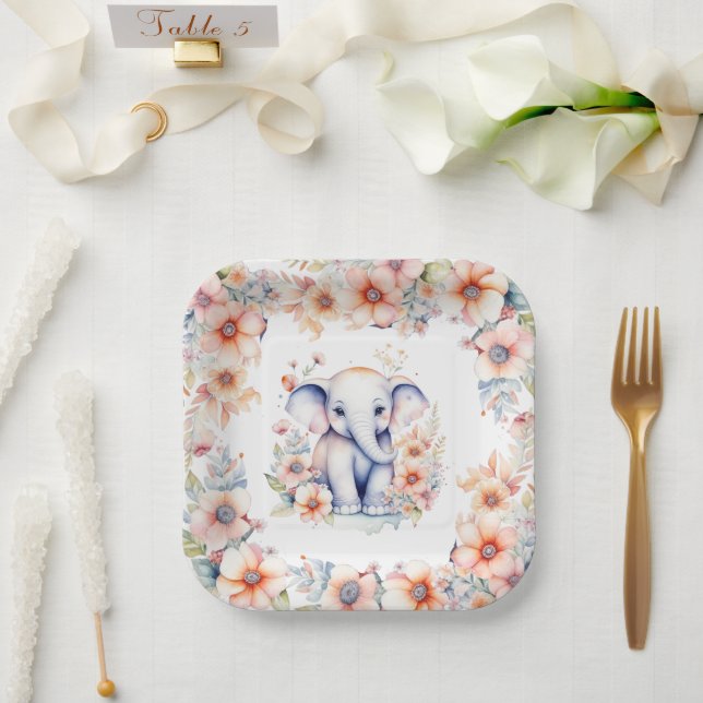 Cute Baby Elephant Girl's Baby Shower  Paper Plate (Wedding)