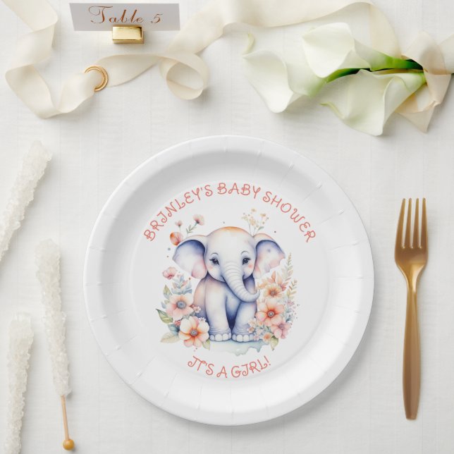 Cute Baby Elephant Girl's Baby Shower  Paper Plate (Wedding)