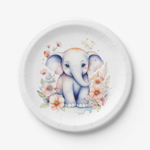 Cute Baby Elephant Girl's Baby Shower  Paper Plate