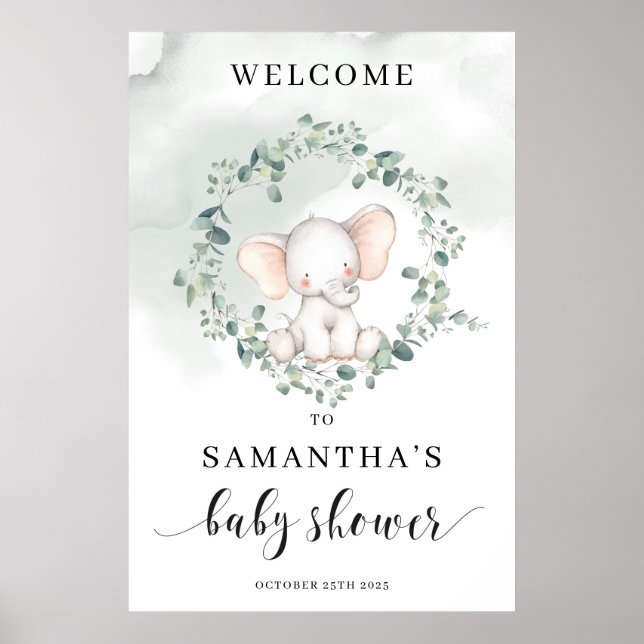 Cute baby elephant green eucalyptus welcome sign (Front)