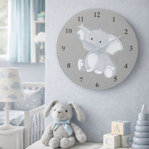 Cute Baby Elephant Grey Large Clock