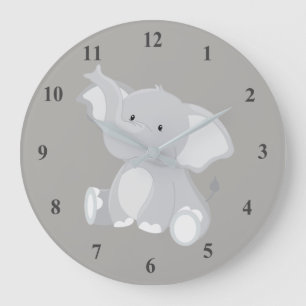 Cute Baby Elephant Grey Large Clock