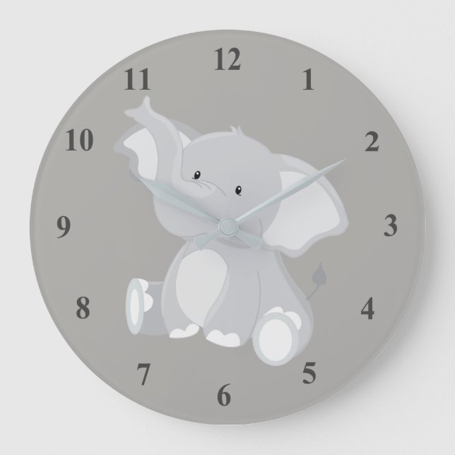 Cute Baby Elephant Grey Large Clock (Front)