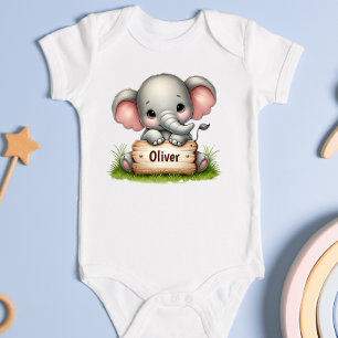 Cute Baby Elephant Holding a Name Sign Bodysuit