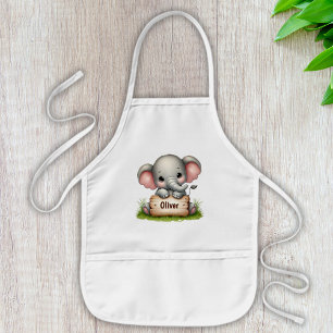 Cute Baby Elephant Holding a Name Sign Kids Apron