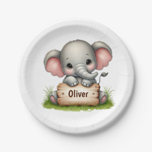 Cute Baby Elephant Holding a Name Sign Paper Plate