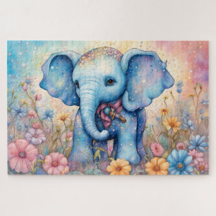 Cute Baby Elephant In a Pastel Daisy Garden Jigsaw Puzzle