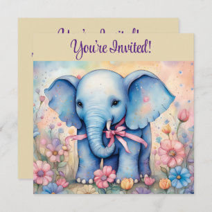 Cute Baby Elephant In a Pastel Garden  Invitation