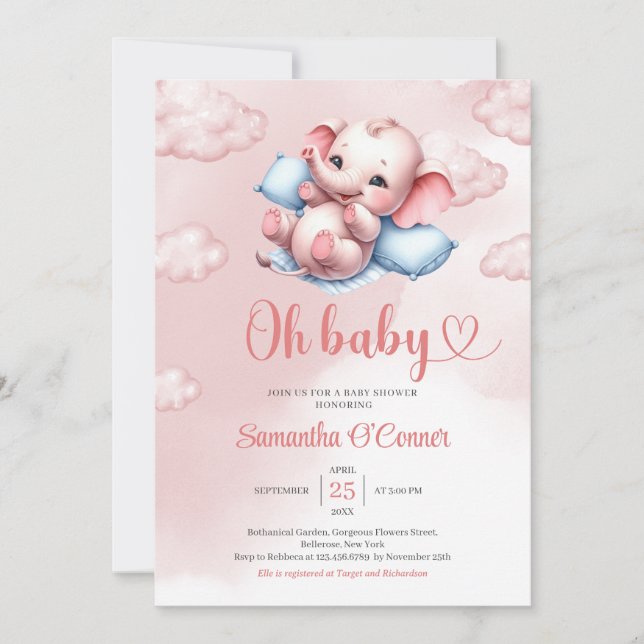 Cute baby elephant in baby crib pink and blue  invitation (Front)