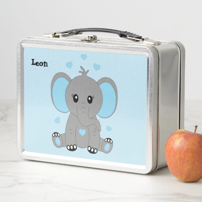 Cute baby elephant in blue, custom  metal lunch box (In Situ)