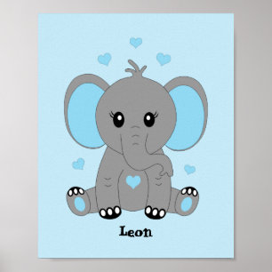 Cute baby elephant in blue for boys  poster