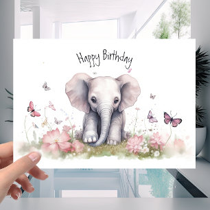 Cute Baby Elephant in Colourful Flowers Birthday Card