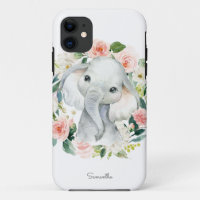 Cute Baby Elephant in Floral Wreath