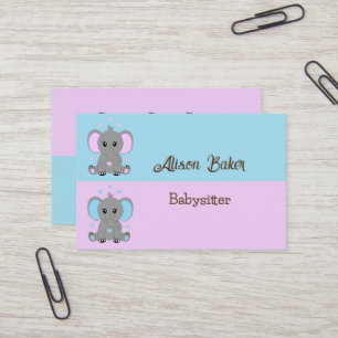 Cute baby elephant in pink and blue - babysitter business card