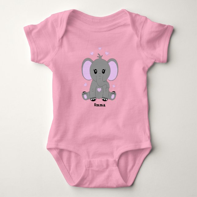 Cute baby elephant in pink for girls  baby bodysuit (Front)