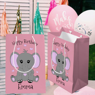Cute baby elephant in pink for girls, birthday medium gift bag