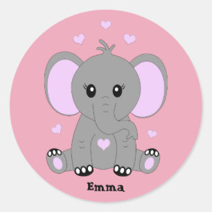 Cute baby elephant in pink for girls, hand drawn, classic round sticker