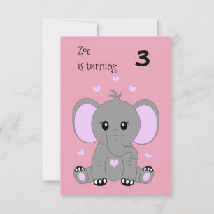 Cute baby elephant in pink, girls birthday invitation