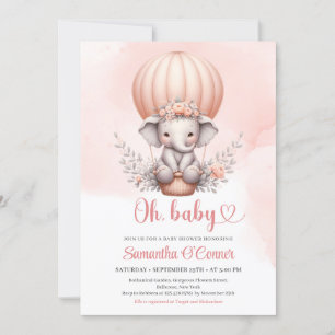 Cute baby elephant in pink hot air balloon girl invitation