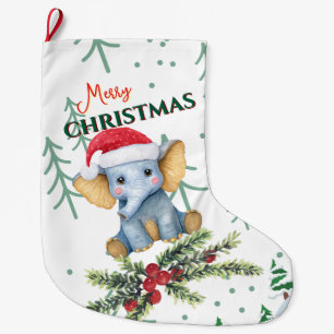 Cute Baby Elephant in Red Santa Hat Large Christmas Stocking