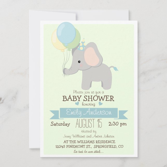Cute Baby Elephant, Jungle Zoo Boy Baby Shower Invitation (Front)