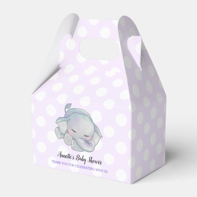 Cute Baby Elephant Lavender Polka Dots Baby Shower Favour Box (Front Side)